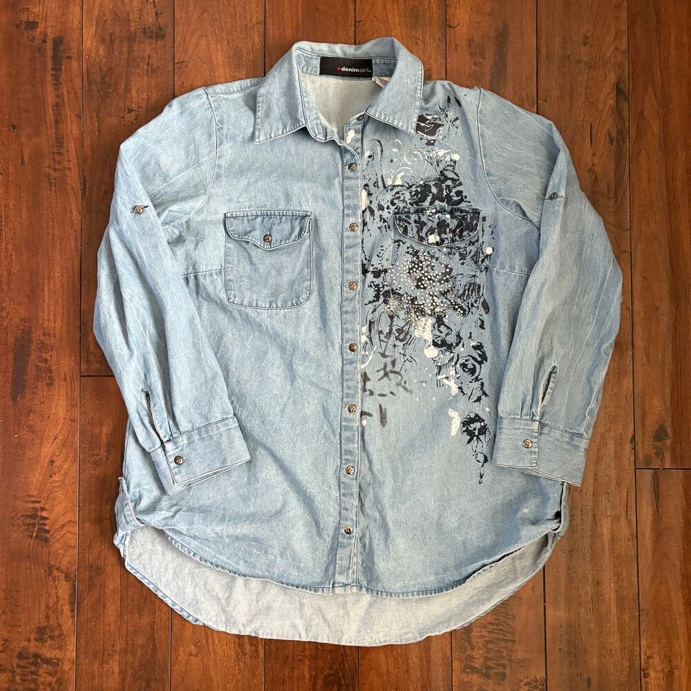 Y2K Denim 24/7 Denim Jacket Womens 12 Blue Graphic Rhinestones Emo Grunge 2000s